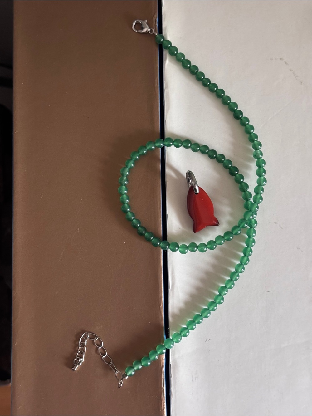 Aventurine Natural Stone Beaded Necklace 4mm With Red Jasper Fish Pendant - Picture 3 of 5